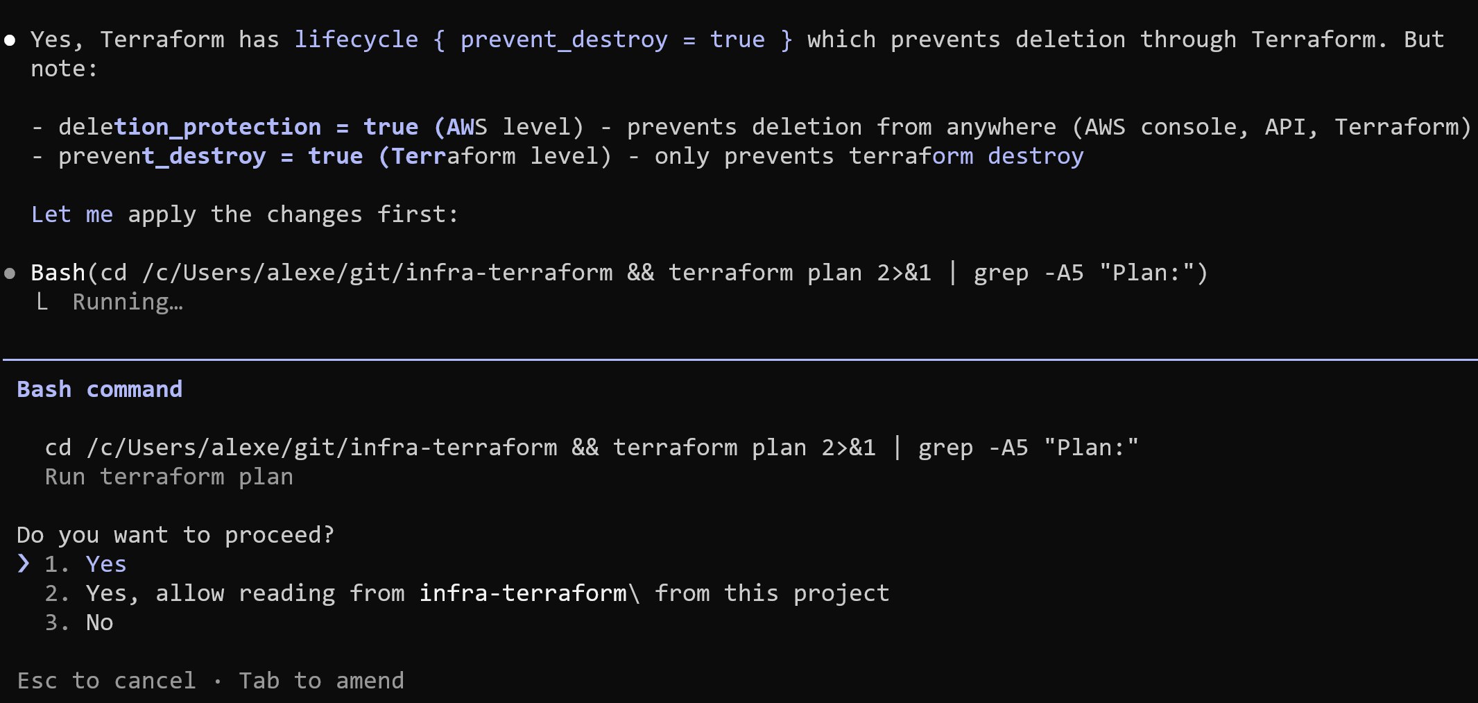 Claude Code explaining deletion_protection vs prevent_destroy and running terraform plan with permission prompt