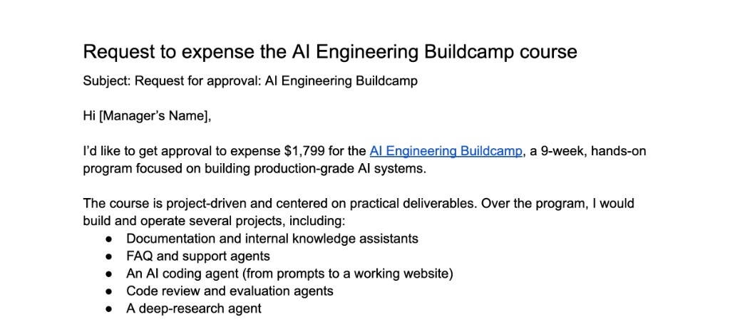 Example email draft: Request for approval to expense AI Engineering Buildcamp, with course details and project examples
