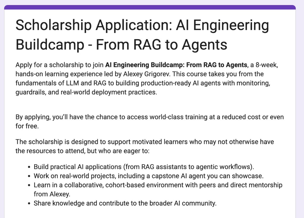 Scholarship application page: AI Engineering Buildcamp – From RAG to Agents, 8-week hands-on experience, reduced cost or free