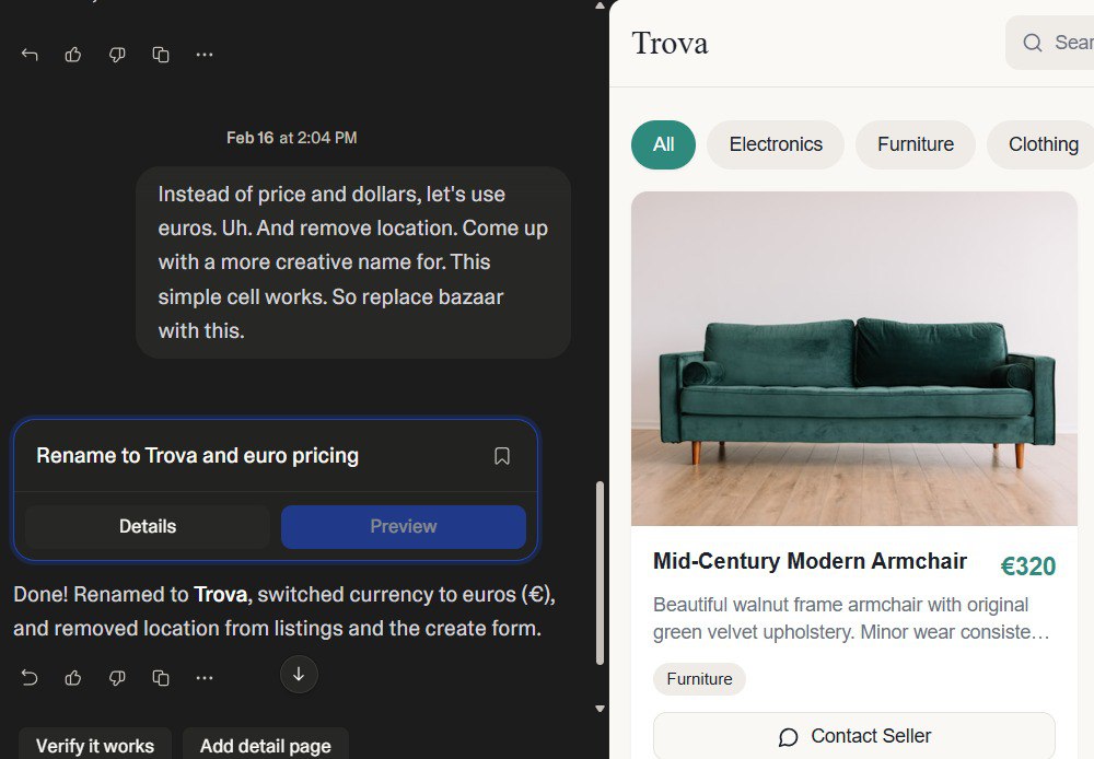 Lovable renaming the marketplace to Trova and switching to euro pricing