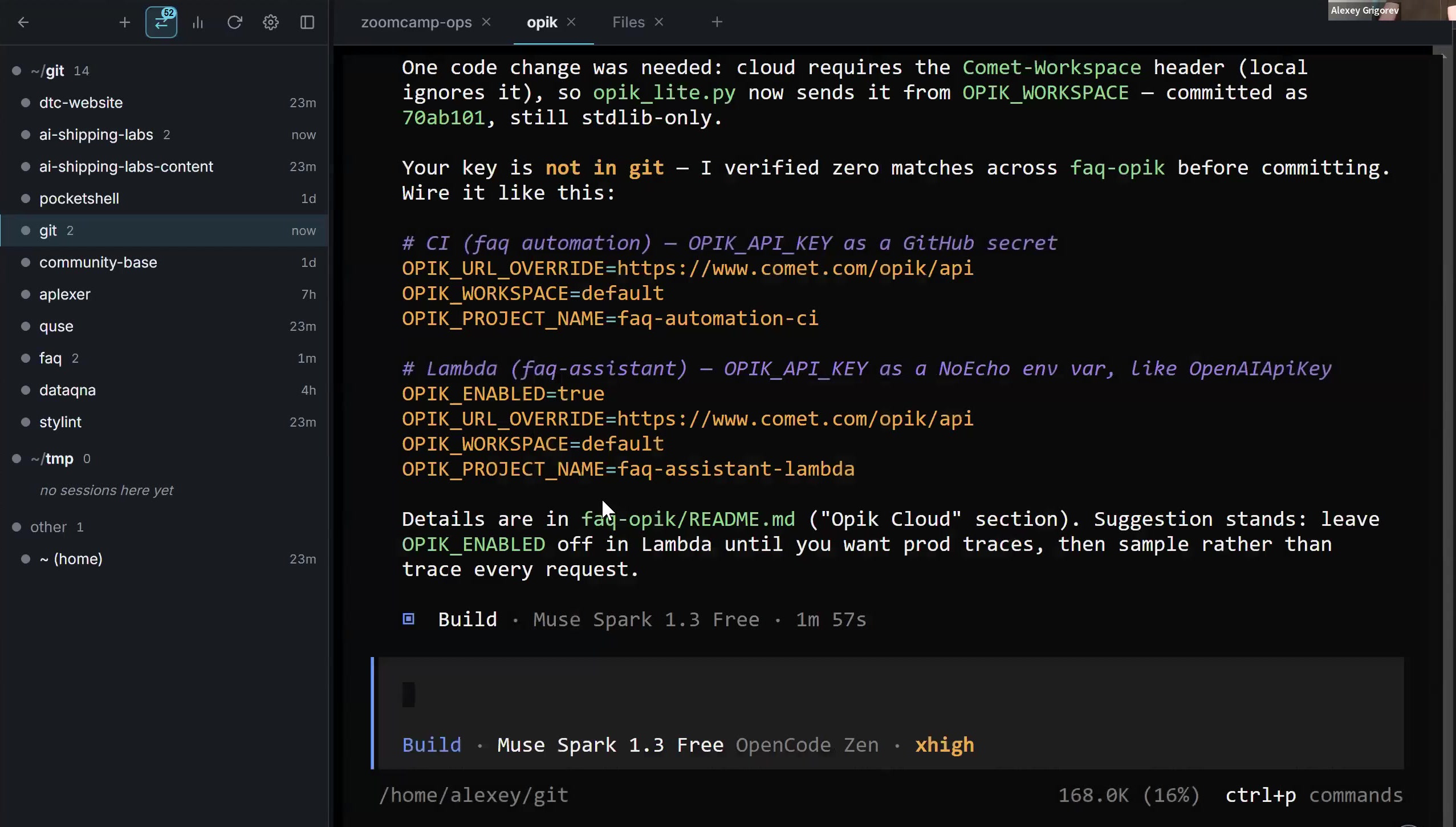 A coding-agent session with a project sidebar on the left and an agent report on the right, running in the OpenCode harness