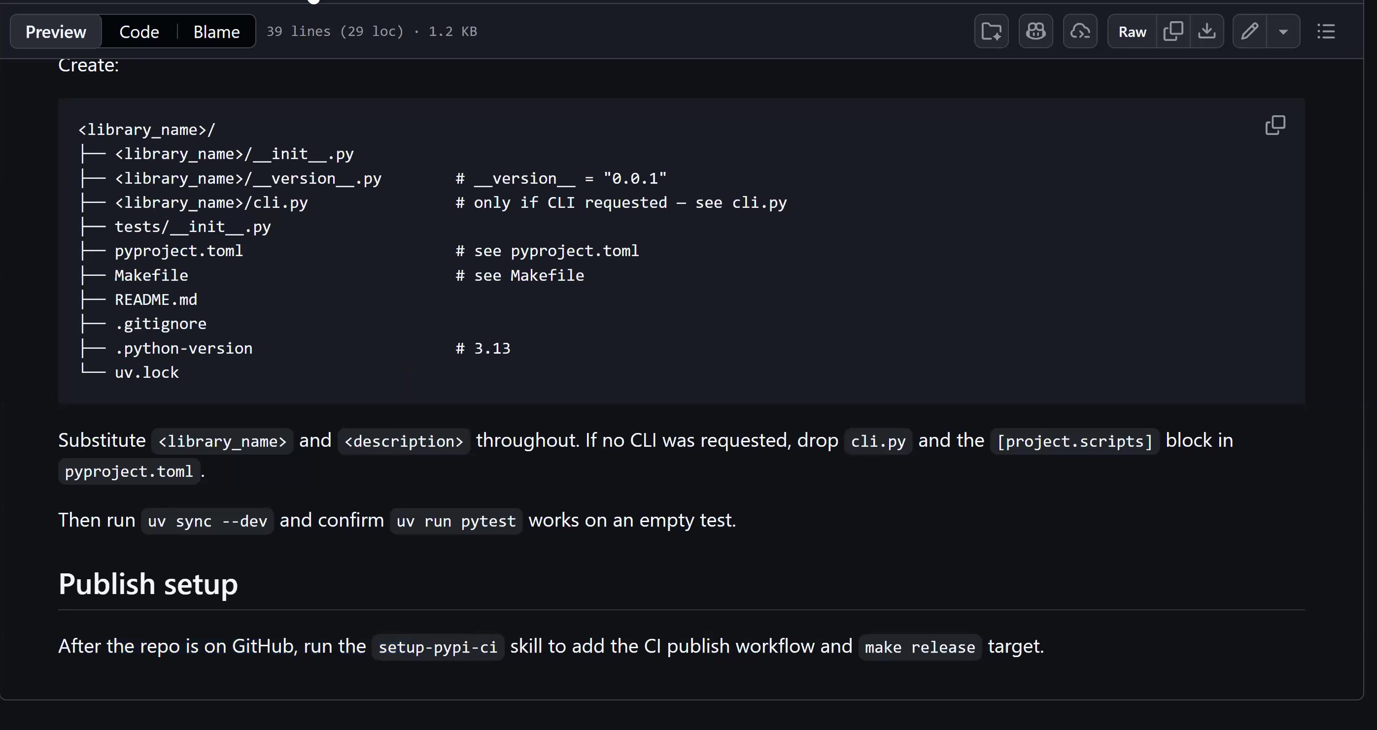 GitHub page showing the init-library skill and its standard Python library file structure