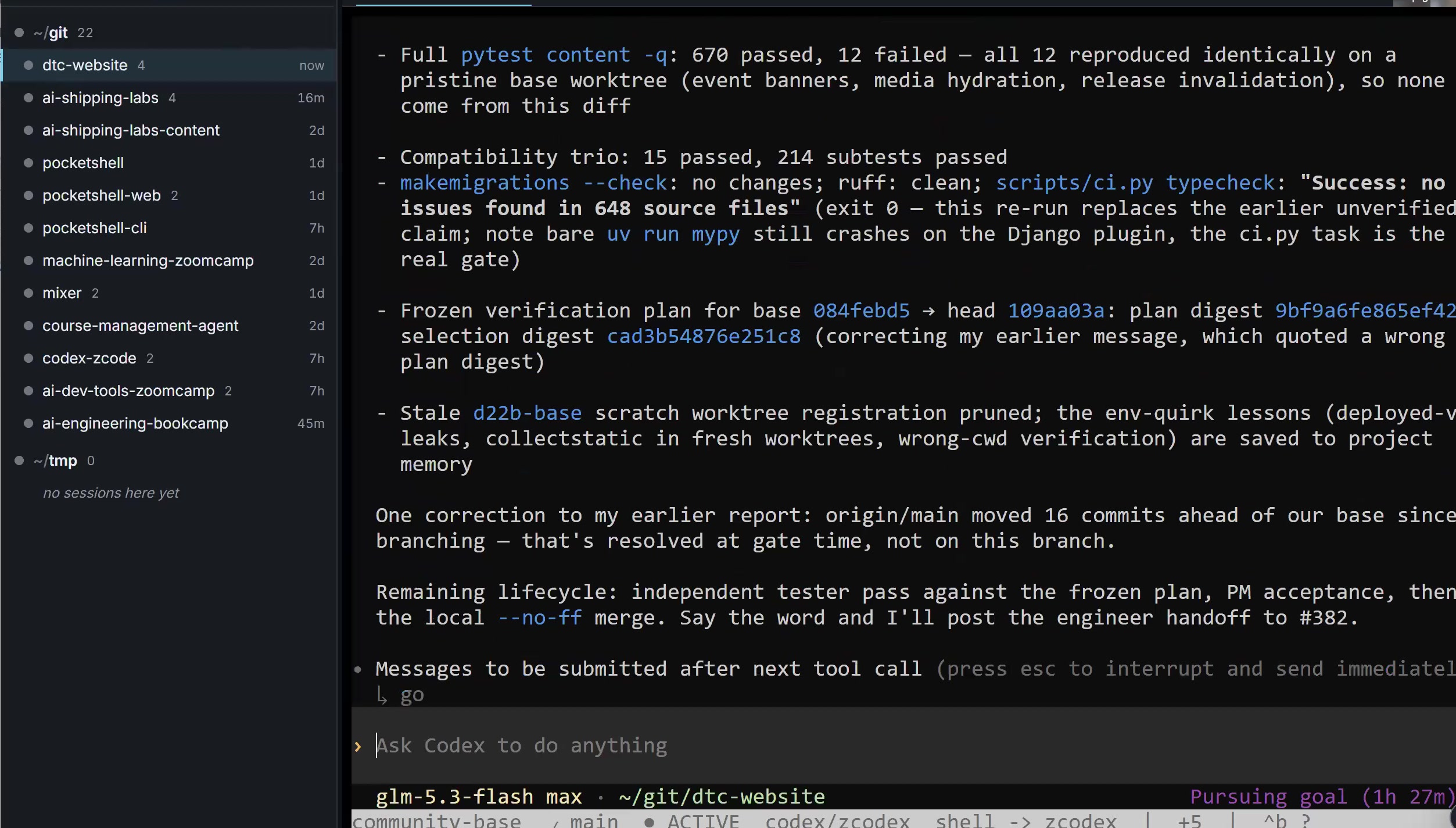 Orchestrator session with a project sidebar and an agent report of tests, migration checks, and remaining review steps